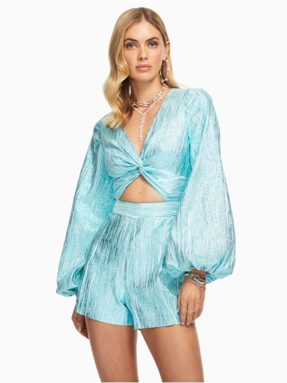 Ramy Brook Brilliant Metallic Cutout Romper Aqua Blue Size 6